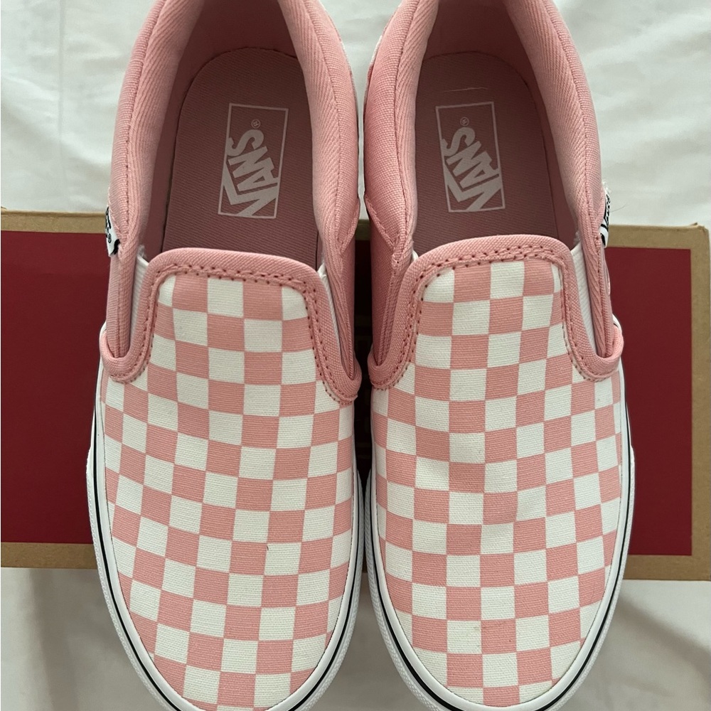 Vans (Asher) girls size 3 NIB pink & white checkered slip on tennis shoes